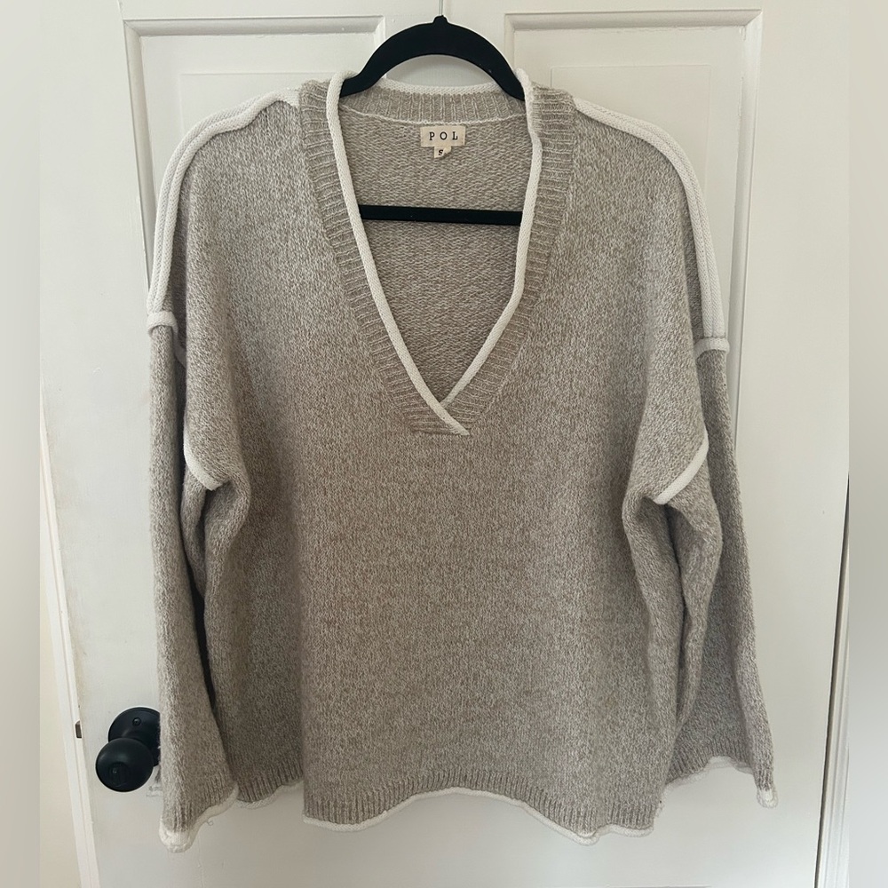 POL BEIGE OVERSIZED V-NECK SWEATER WITH WHITE PIPING ACCENT SIZE SMALL